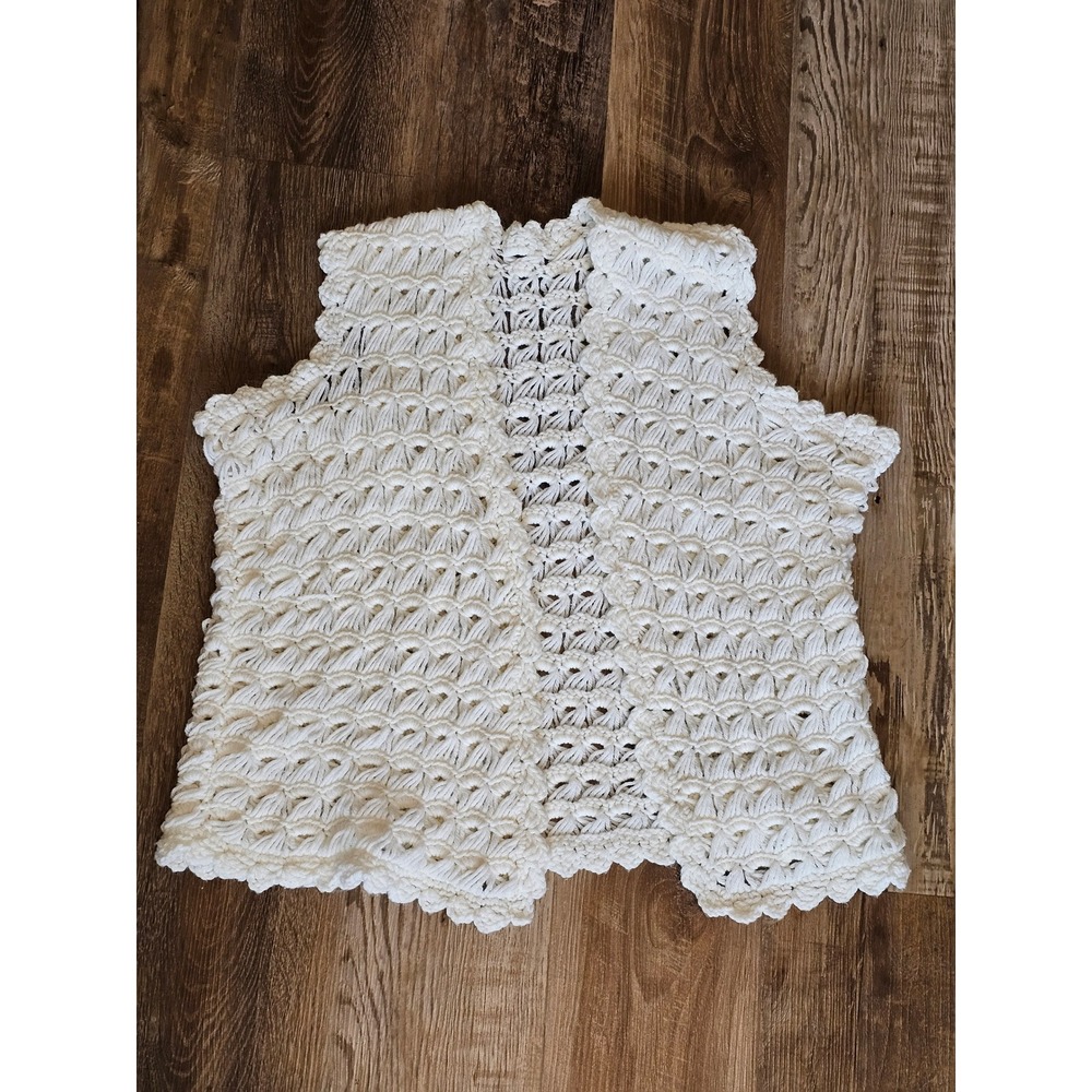 Vintage Handmade Crochet Vest Cream White Open Knit Boho Cottagecore Sleeveless